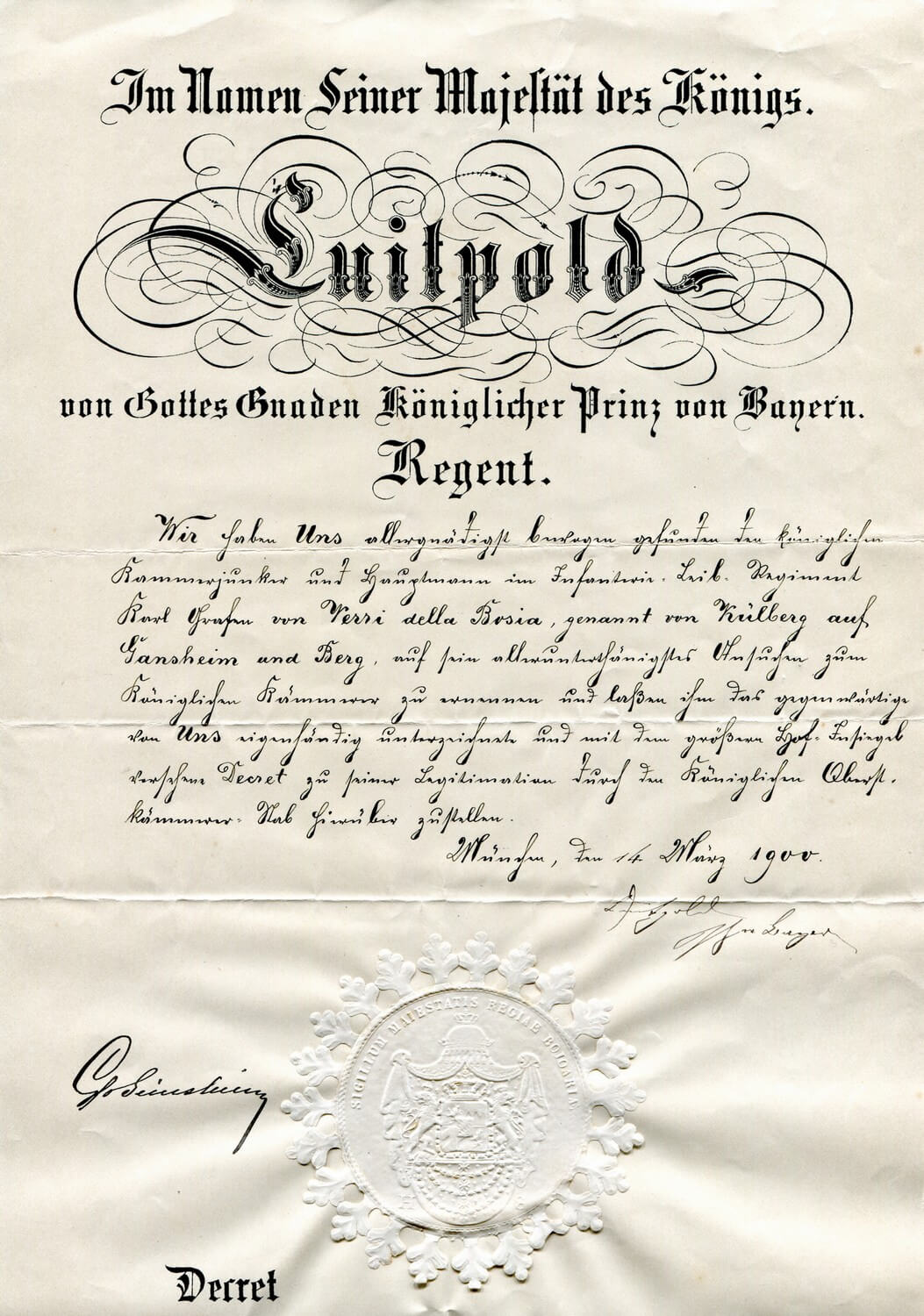 Dekret über die Ernennung des Karl Grafen von Verri della Bosia zum königlich bayerischen Kämmerer